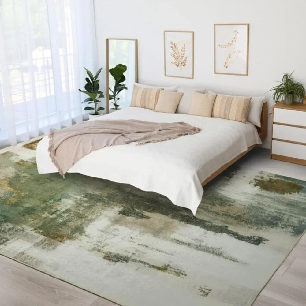 New 6x9 Green Abstract Rug, Washable Faux Wool Non-Slip Carpet for Home & Dorm